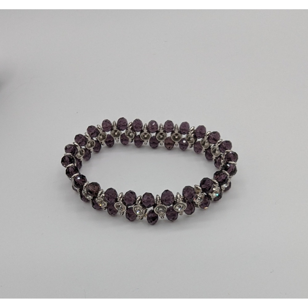 Purple Glass Bead Rhinestone Stretch Bracelet Silver Tone Two Row Amethyst Color